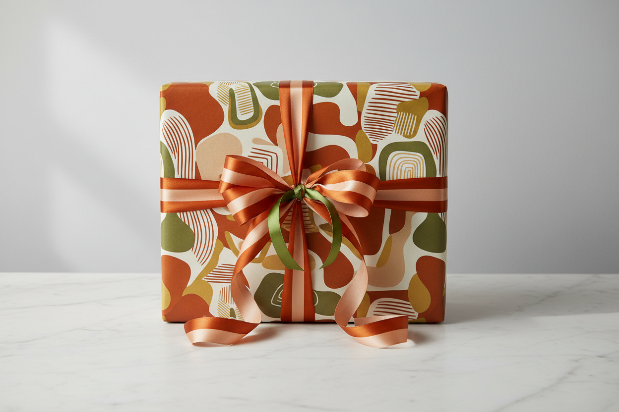 a beautifully wrapped gift box in orange, beige and green tones